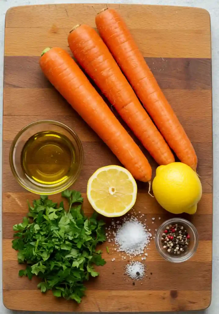 Raw carrot salad ingredients laid out including whole carrots, olive oil, lemon, and fresh herbs
