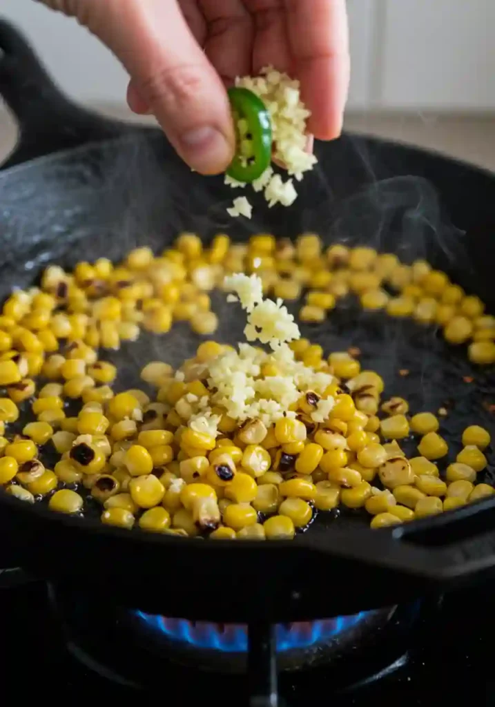 Corn kernels sizzling in a skillet with garlic and jalapeños for added flavor