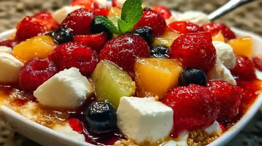 Creamy cheesecake fruit salad with mixed berries and grapes in a clear serving bowl