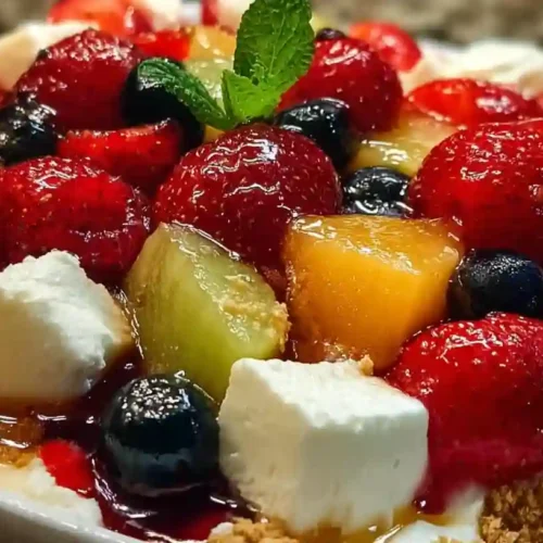 Creamy cheesecake fruit salad with mixed berries and grapes in a clear serving bowl
