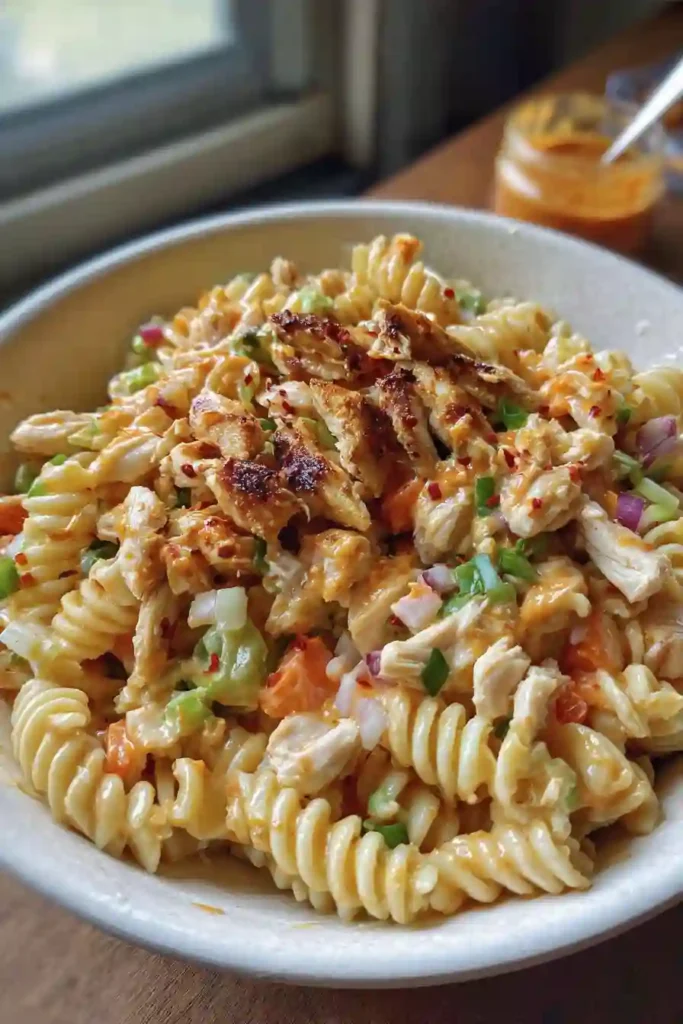 Pasta salad in a covered bowl placed in the fridge to chill
