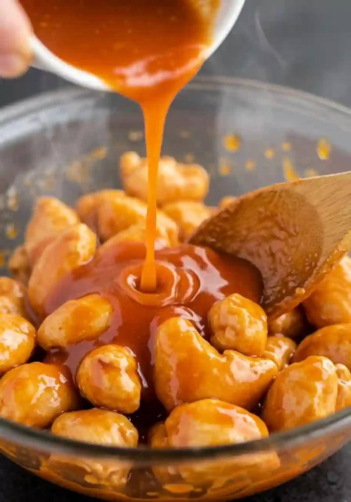 Shredded chicken being tossed with buffalo sauce in a mixing bowl