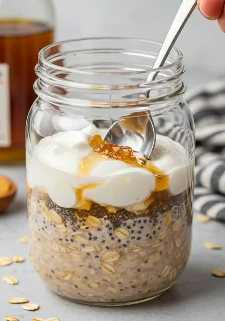 Hands mixing oats, milk, Greek yogurt, chia seeds, maple syrup and vanilla in a glass mason jar with a wooden spoon