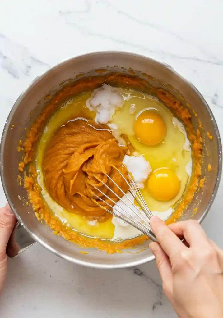 Hands whisking pumpkin puree with eggs and milk in glass mixing bowl, creating smooth orange mixture for baked oatmeal recipe