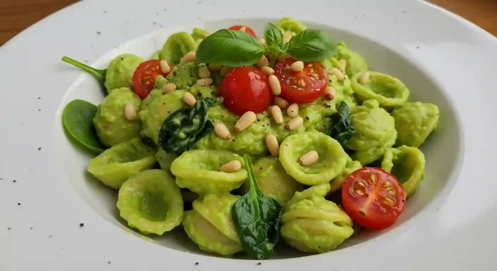 Bowl of creamy avocado pasta sauce garnished with fresh basil, cherry tomatoes, and pine nuts on a white plate
