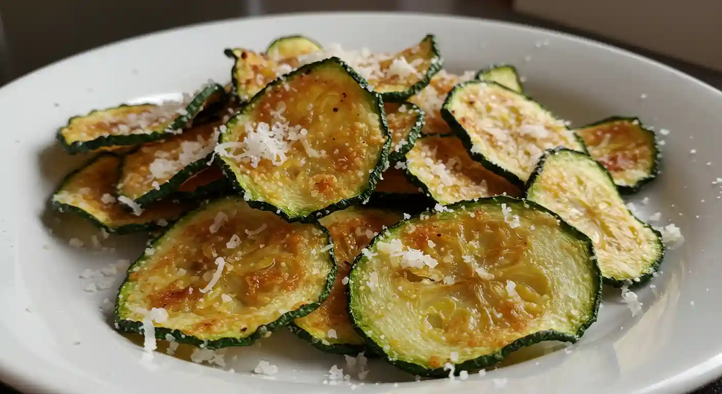 Golden crispy Parmesan zucchini chips arranged on white plate showing perfectly baked texture with melted cheese coating