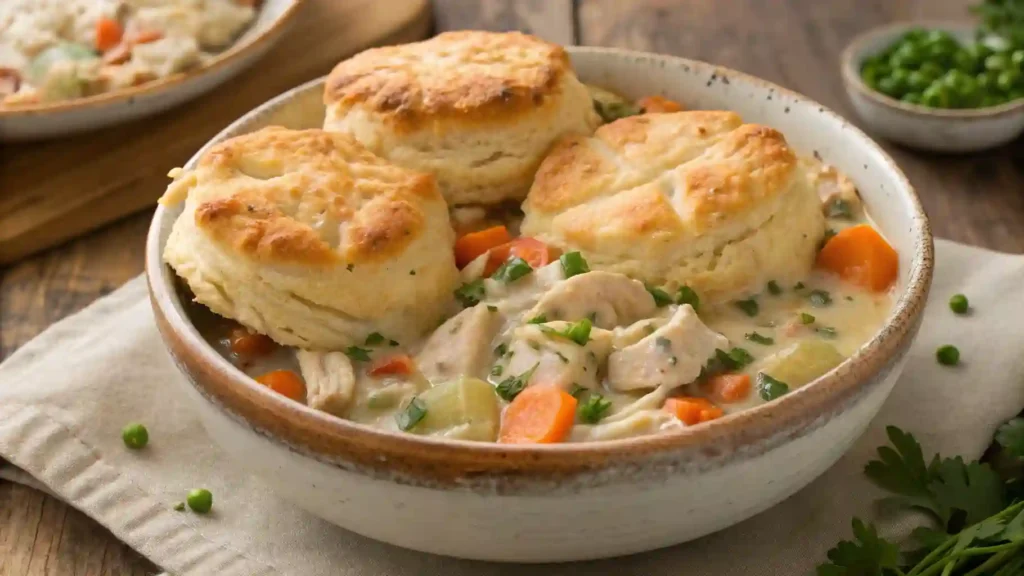 Bowl of crock pot chicken pot pie topped with golden biscuits