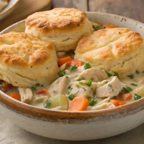 Bowl of crock pot chicken pot pie topped with golden biscuits