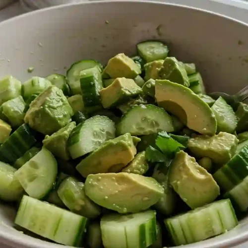 Bowl of cucumber avocado salad with herbs and lime