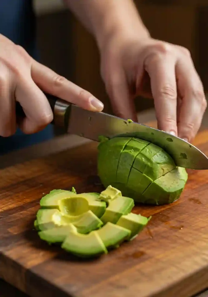 Halved avocado being diced for cucumber avocado salad