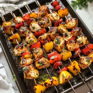 Baked Chicken Kabobs on a Plate with Rice and Salad