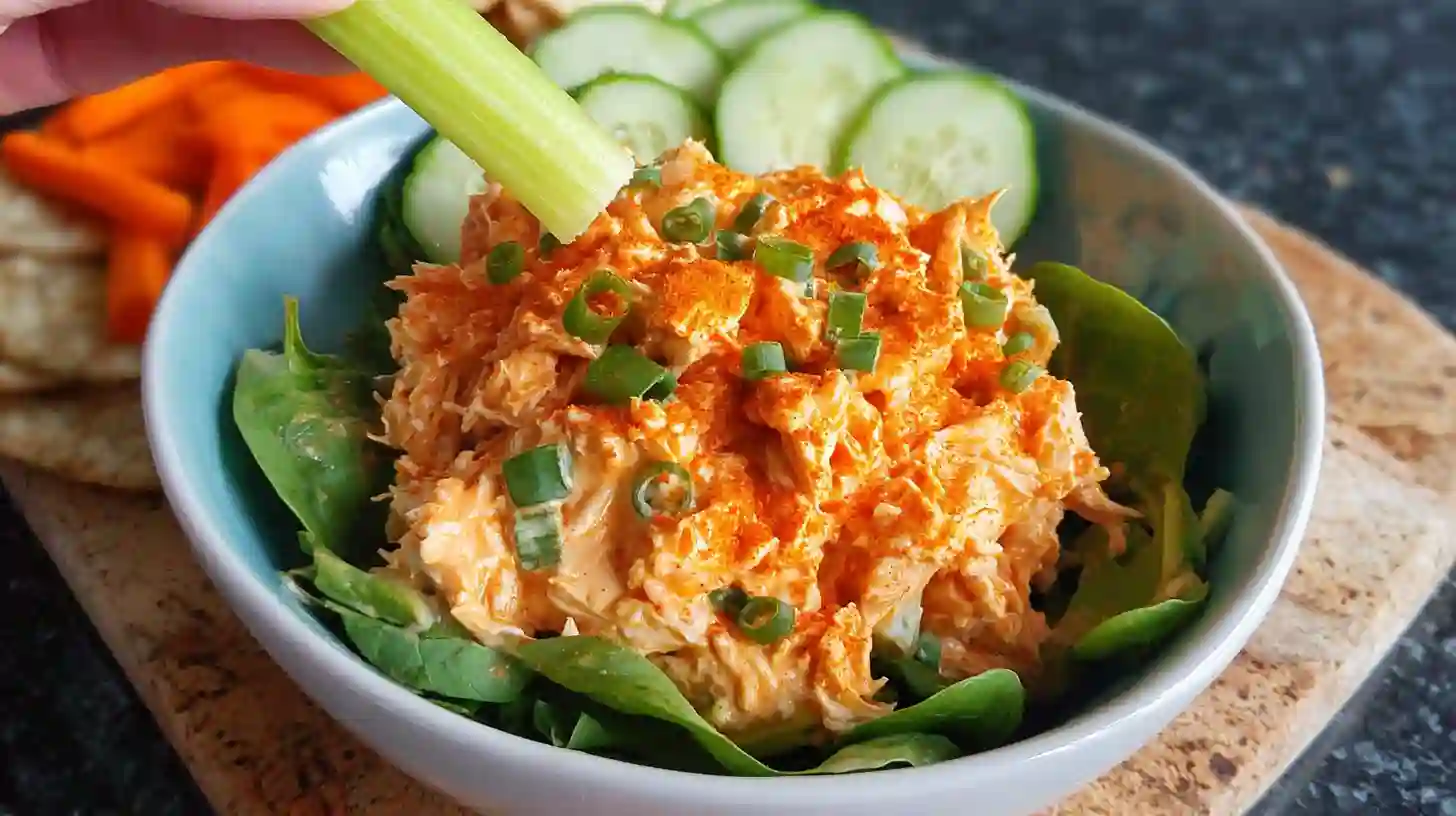 Bowl of creamy buffalo chicken salad with shredded chicken, diced celery, and red onions in a white bowl, garnished with green onions and served with crackers on a wooden cutting board