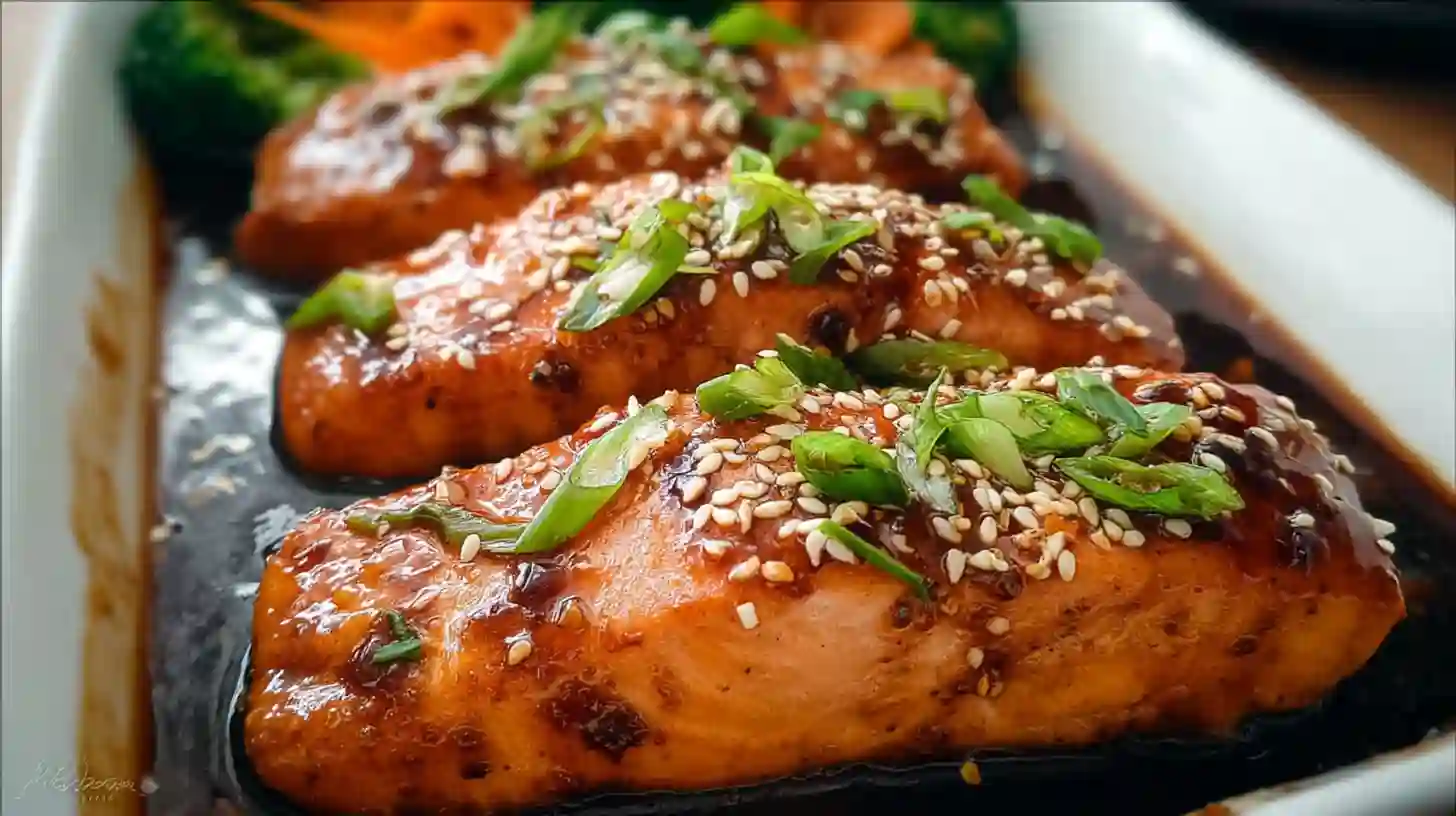 Oven-baked teriyaki salmon fillets topped with glossy glaze on a white plate