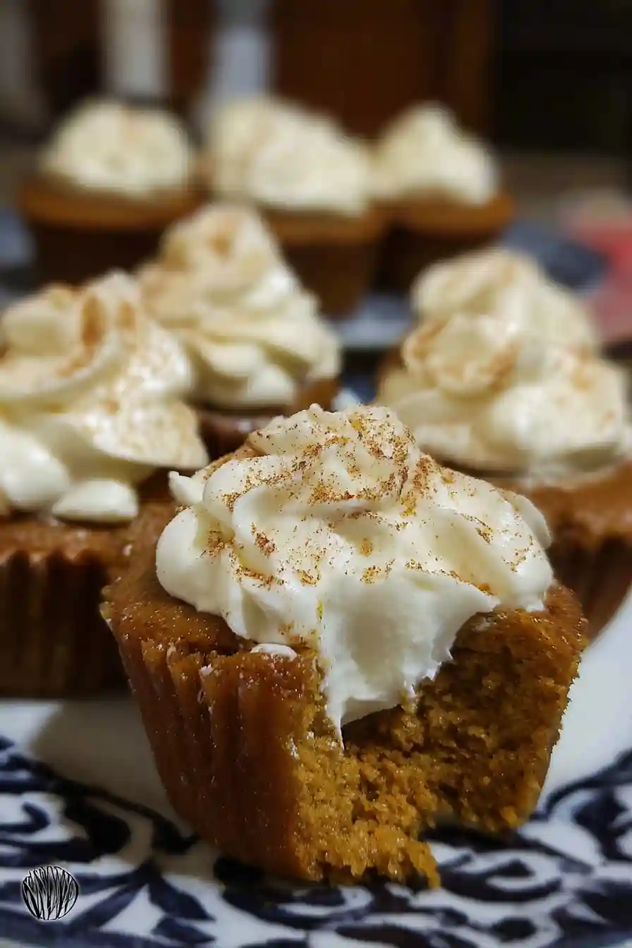 Piping creamy pumpkin pie filling into center of baked cupcakes using pastry bag