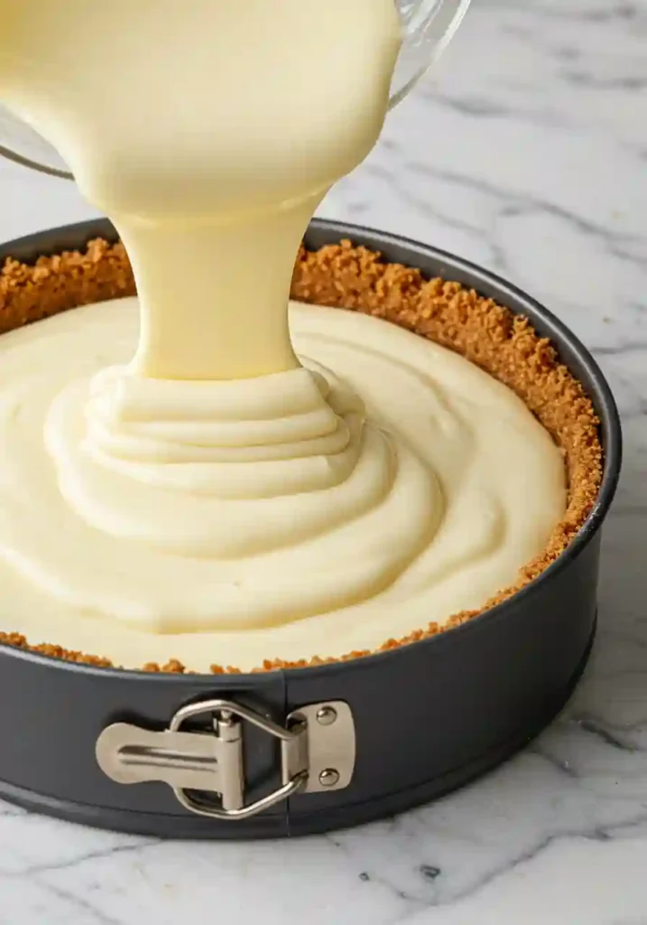 Pouring Lemon Cheesecake Filling into the Graham Cracker Crust