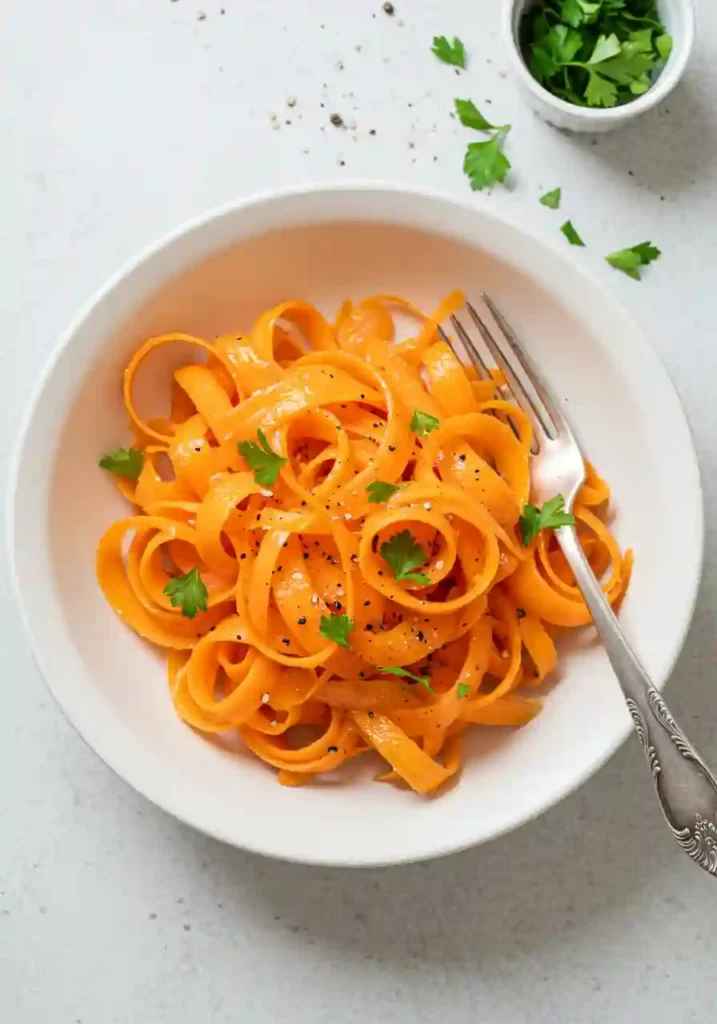 Adding fresh chopped herbs to dressed carrot ribbons in mixing bowl