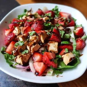 Completed strawberry chicken salad served on a white plate with dressing drizzle