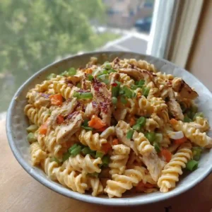 Final plated buffalo chicken pasta salad garnished with green onions and cheese