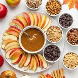 Caramel Dipped Apple Slices with Toppings on a Dessert Board