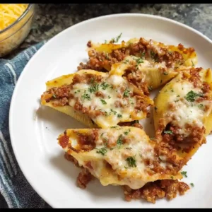 Close-up of stuffed shells plated with garnish, showing melty cheese and beef filling