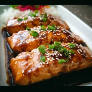 Plated teriyaki salmon with steamed rice, sautéed greens, and sesame garnish