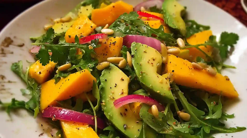 Fresh Avocado Mango Salad with lime dressing served in white bowl, garnished with cilantro and lime wedges