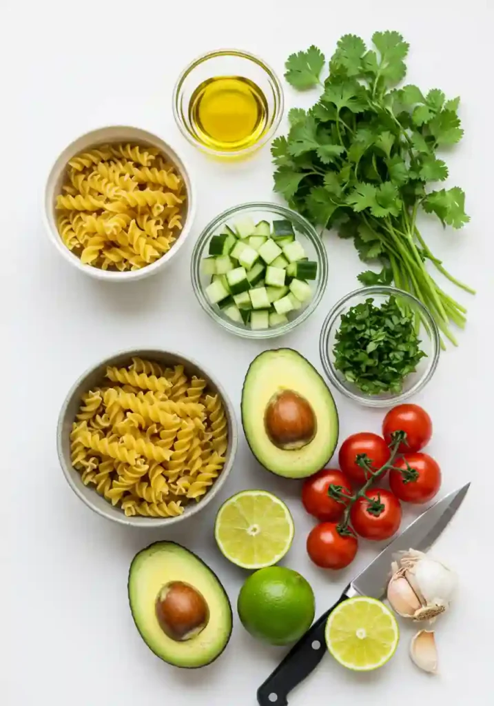 Ingredients for Avocado Pasta Salad including pasta, avocado, tomatoes, cucumber, herbs