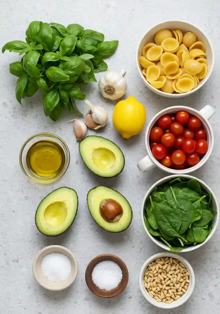 Ripe avocados, fresh basil, garlic cloves, lemon, olive oil, and pasta ingredients arranged on marble countertop