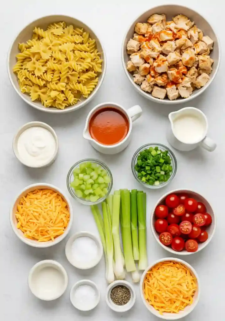 Laid-out ingredients for buffalo chicken pasta salad including pasta, buffalo sauce, ranch, celery, and chicken