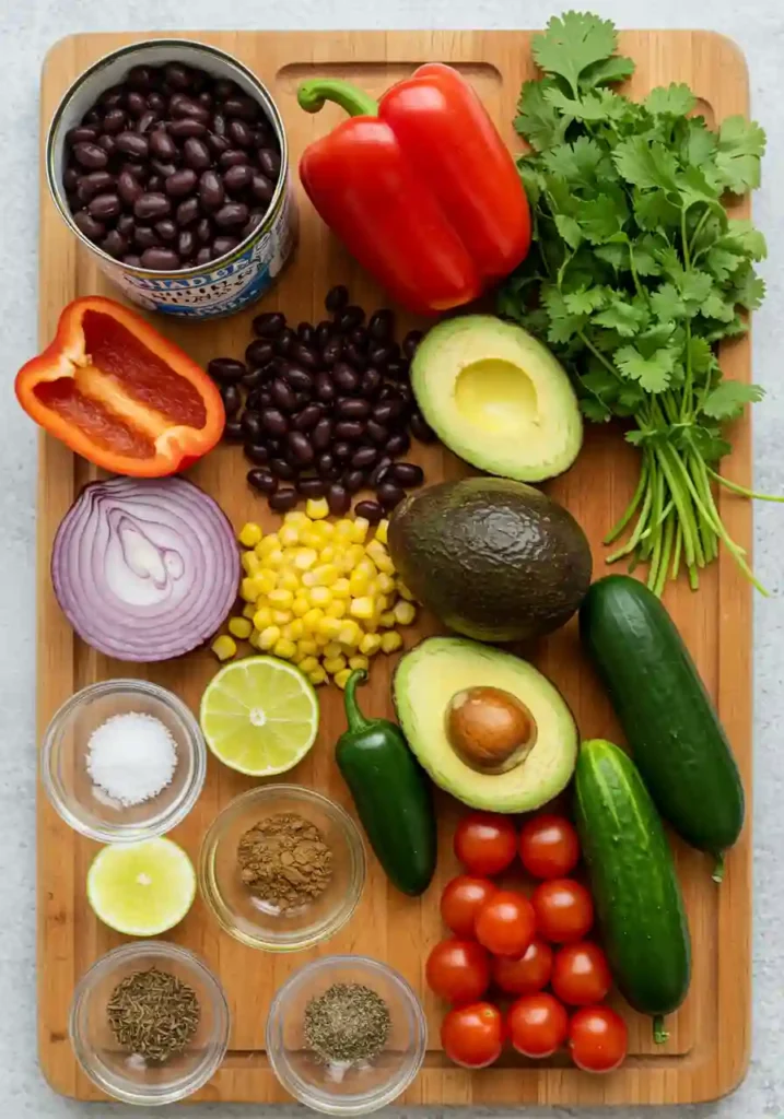 Ingredients for corn and black bean salad arranged on a countertop including black beans, corn, red pepper, onion, and lime