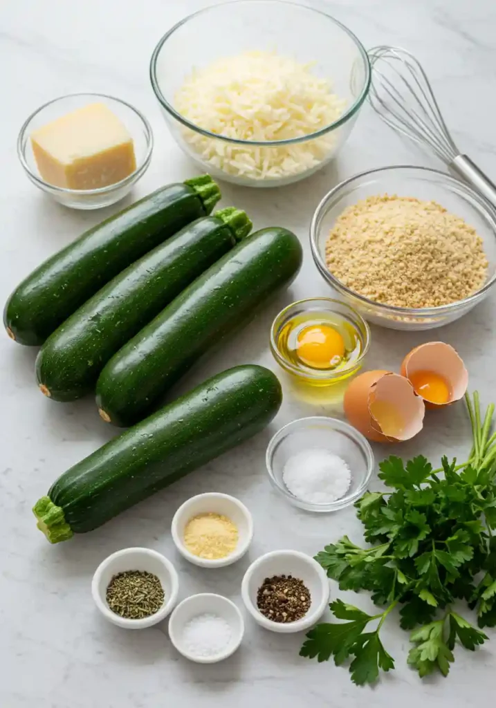Fresh zucchini, grated Parmesan cheese, eggs, panko breadcrumbs, olive oil and seasonings arranged on marble countertop