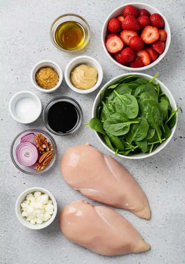 Bowls of fresh spinach, strawberries, grilled chicken, goat cheese, and balsamic dressing