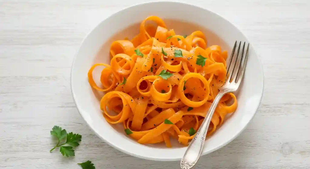 Colorful raw carrot salad with fresh herbs in white bowl on wooden table