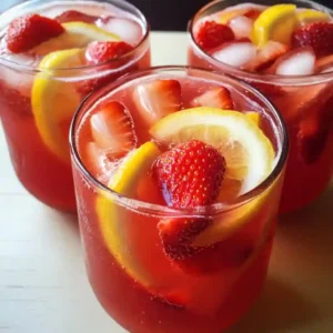 Glasses of Strawberry Lemonade with Lemon Slices and Mint