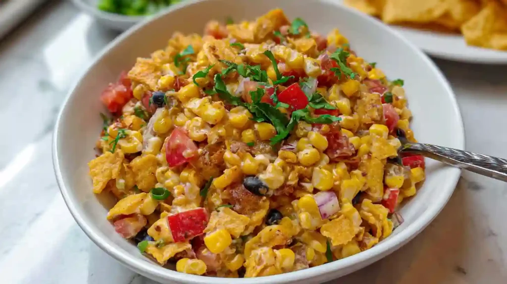 Overhead shot of Frito corn salad served in a bowl with Fritos on top
