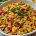 Overhead shot of Frito corn salad served in a bowl with Fritos on top