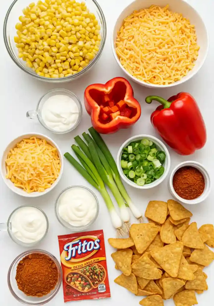 Ingredients for Frito corn salad laid out, including corn, cheese, peppers, and Fritos