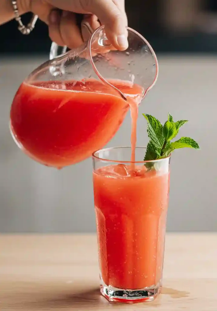 Watermelon Drink Poured Into Glasses with Ice and Mint