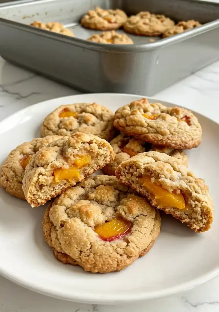 Drizzling vanilla glaze over finished peach cobbler cookies with crumble topping