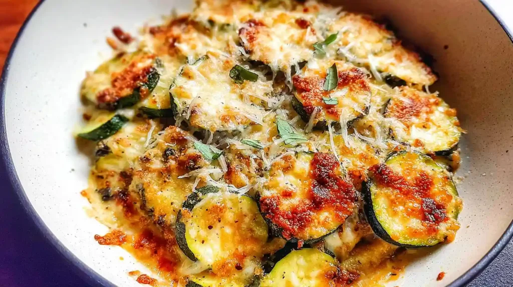 Golden brown baked Parmesan zucchini pieces with crispy coating on white plate garnished with fresh parsley