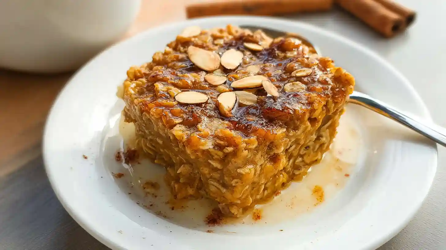 Freshly baked pumpkin oatmeal with golden brown top in white ceramic baking dish, garnished with cinnamon and served warm