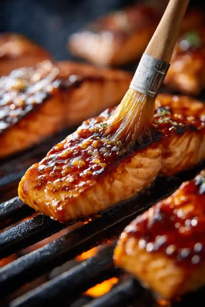 Teriyaki-glazed salmon grilling outdoors with visible char lines