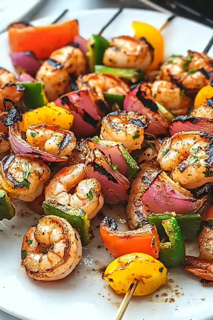 Shrimp Skewers Cooking on the Grill Grates