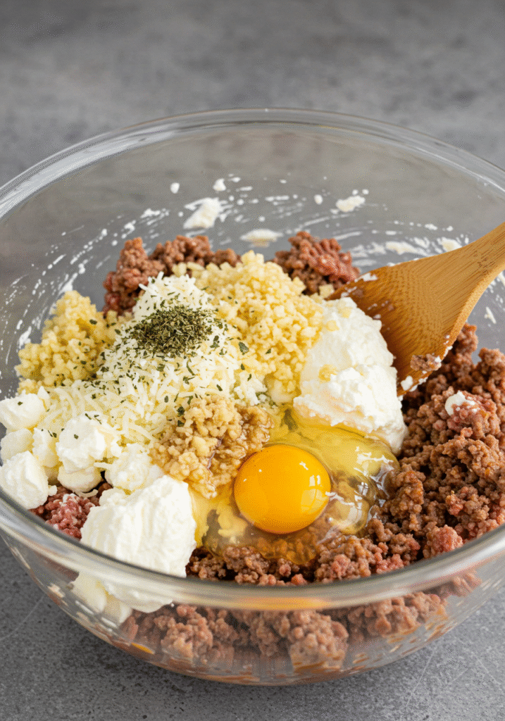 Mixing bowl filled with cooked ground beef, ricotta, mozzarella, and herbs for stuffed shells filling