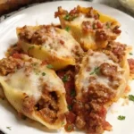 Overhead view of baked ground beef stuffed shells in a casserole dish with melted cheese and marinara sauce