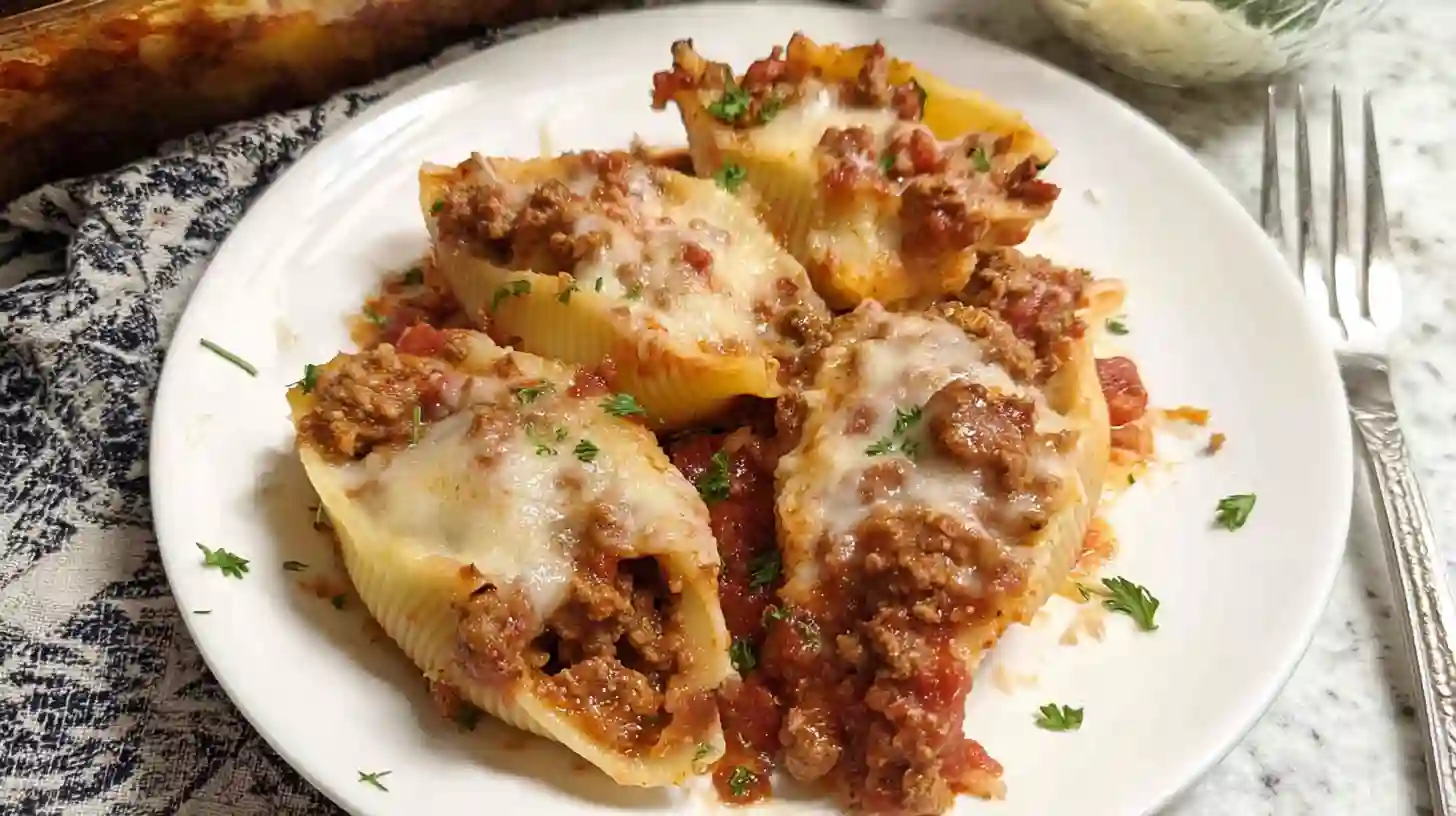 Overhead view of baked ground beef stuffed shells in a casserole dish with melted cheese and marinara sauce