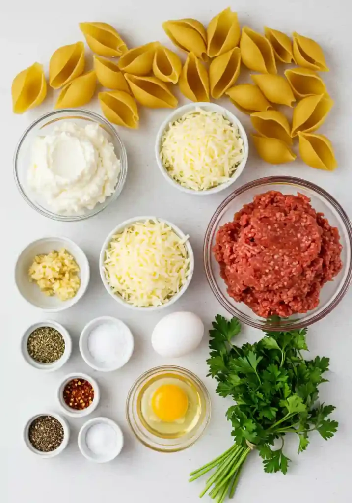Ingredients for ground beef stuffed shells laid out on a kitchen counter, including pasta shells, cheese, marinara, and ground beef