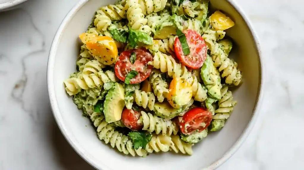 Bowl of creamy Avocado Pasta Salad with veggies and herbs