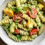 Bowl of creamy Avocado Pasta Salad with veggies and herbs