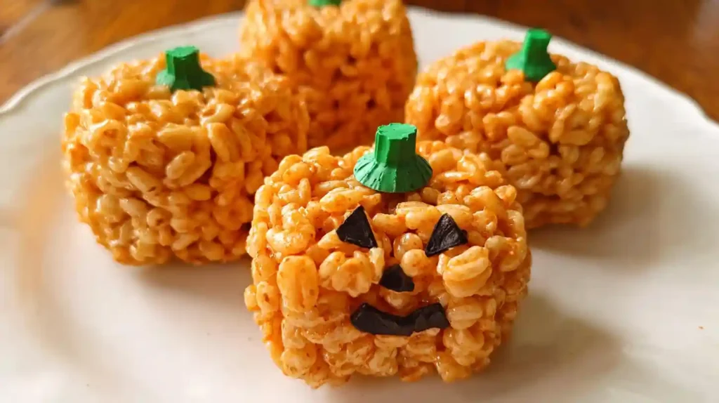 Orange pumpkin-shaped Rice Krispie treats with green candy stems arranged on white plate for Halloween